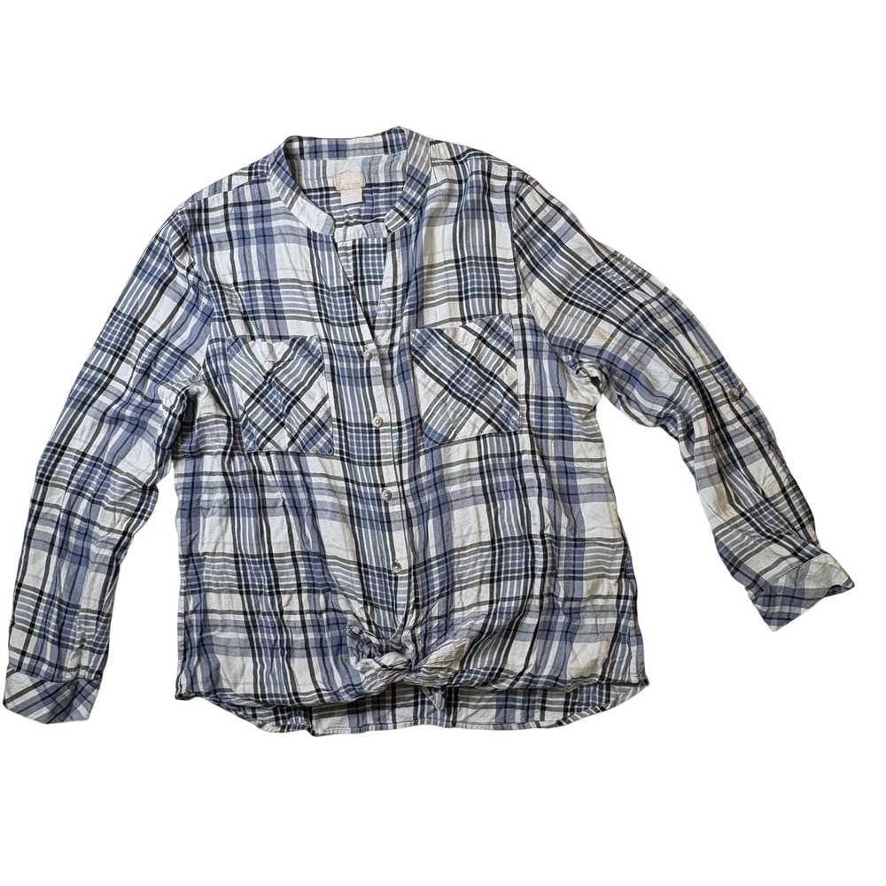 Chicos Blue White Plaid Tie Front Button Down Shirt Size 2 US 12/14 Rayon Top